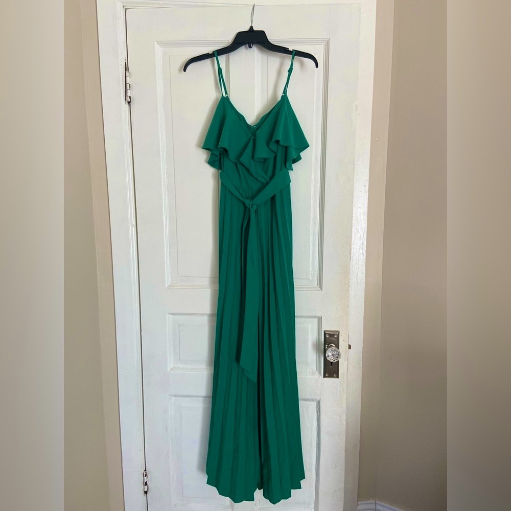 Green pleated formal jumpsuit dress small